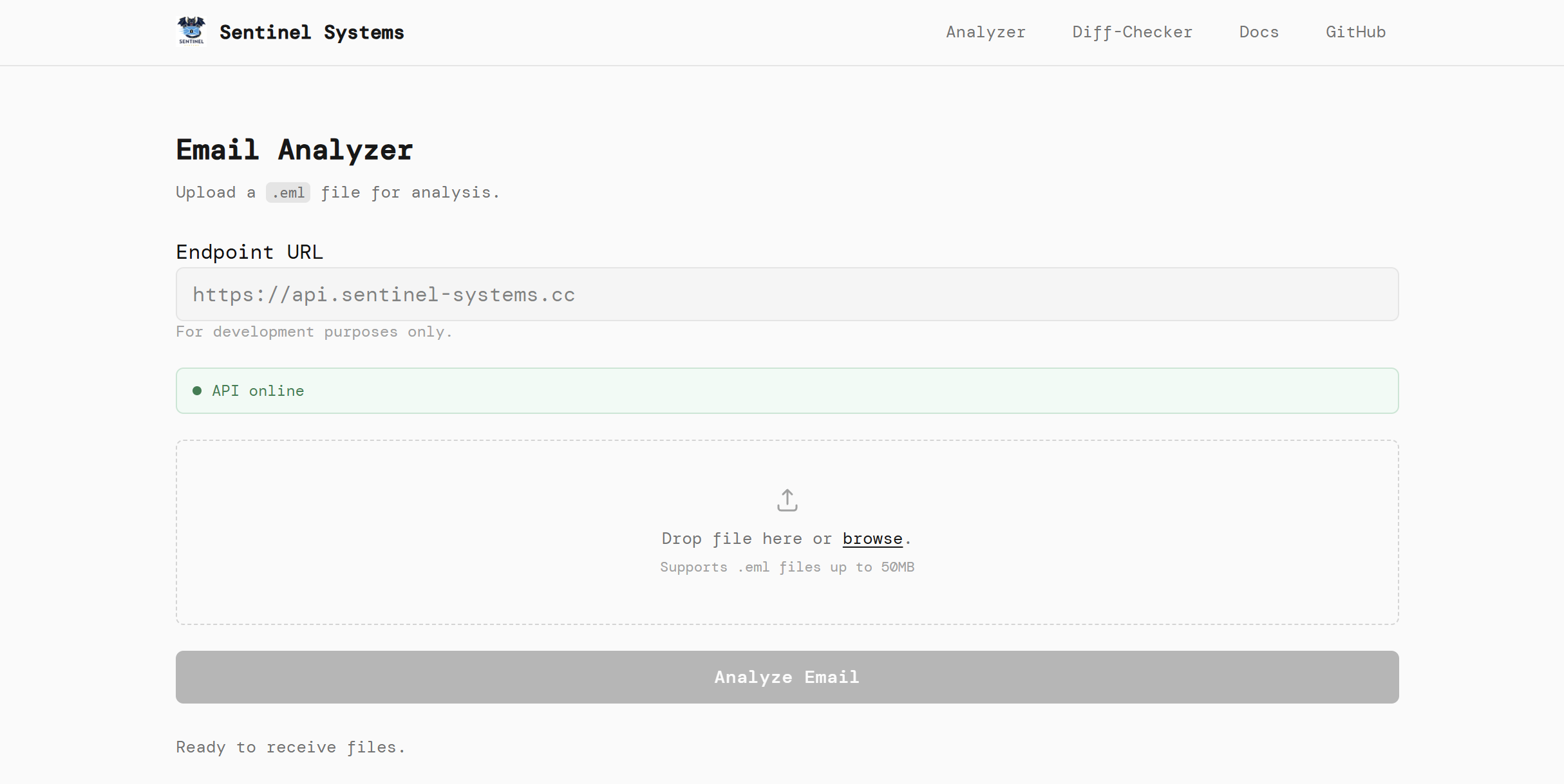The Email Analyzer home screen, ready to receive a file