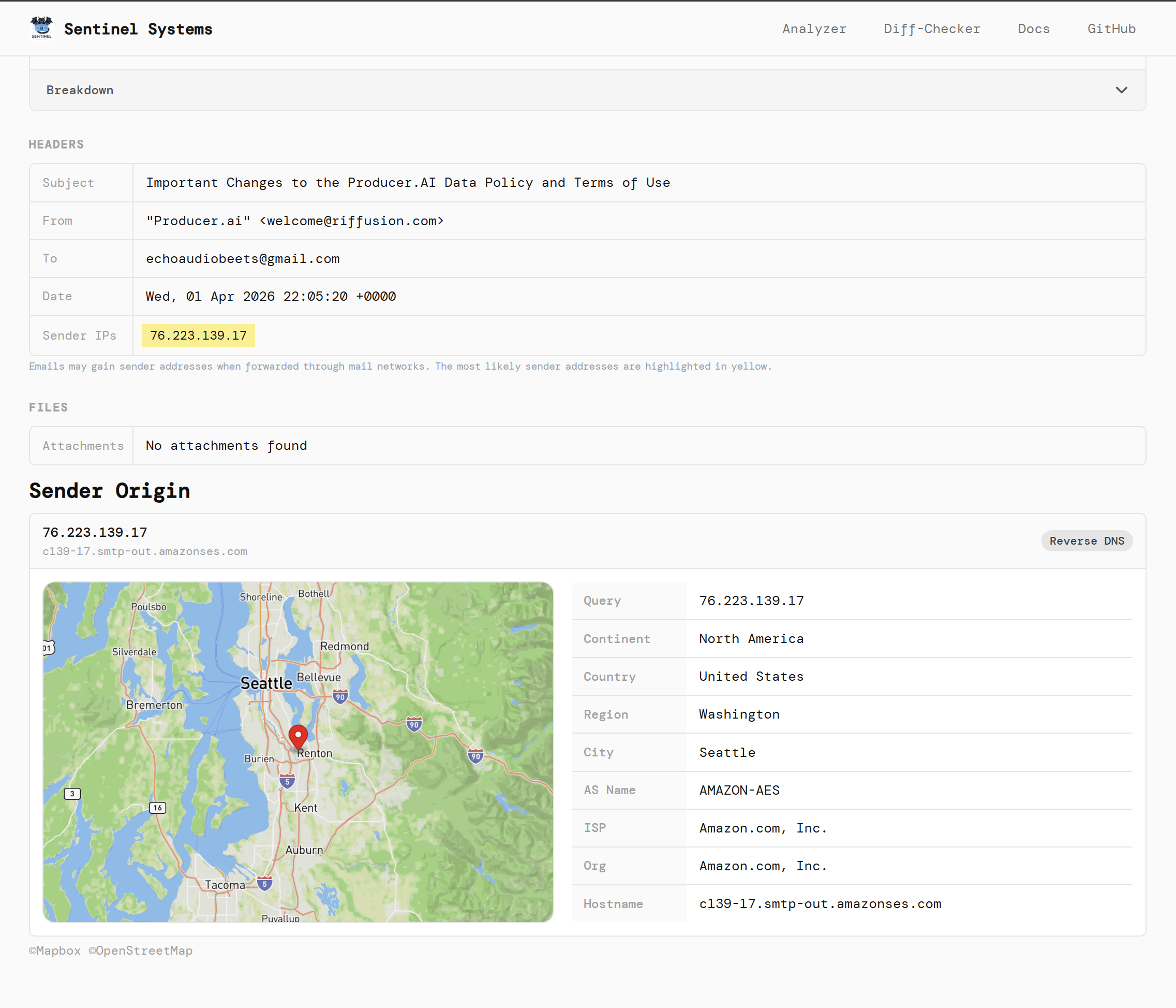 Sender origin map showing server location