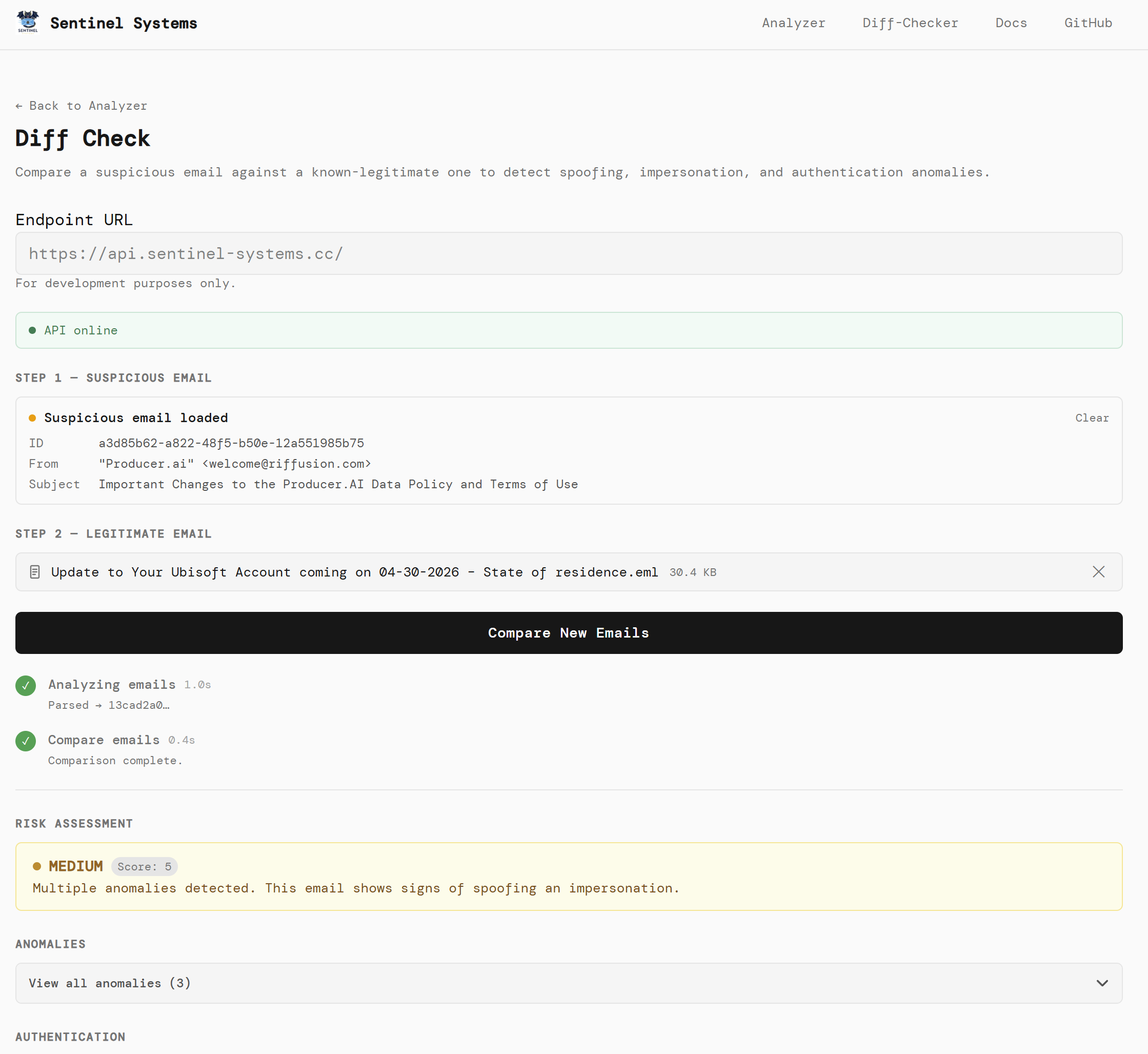Diff Check results showing medium risk and anomalies